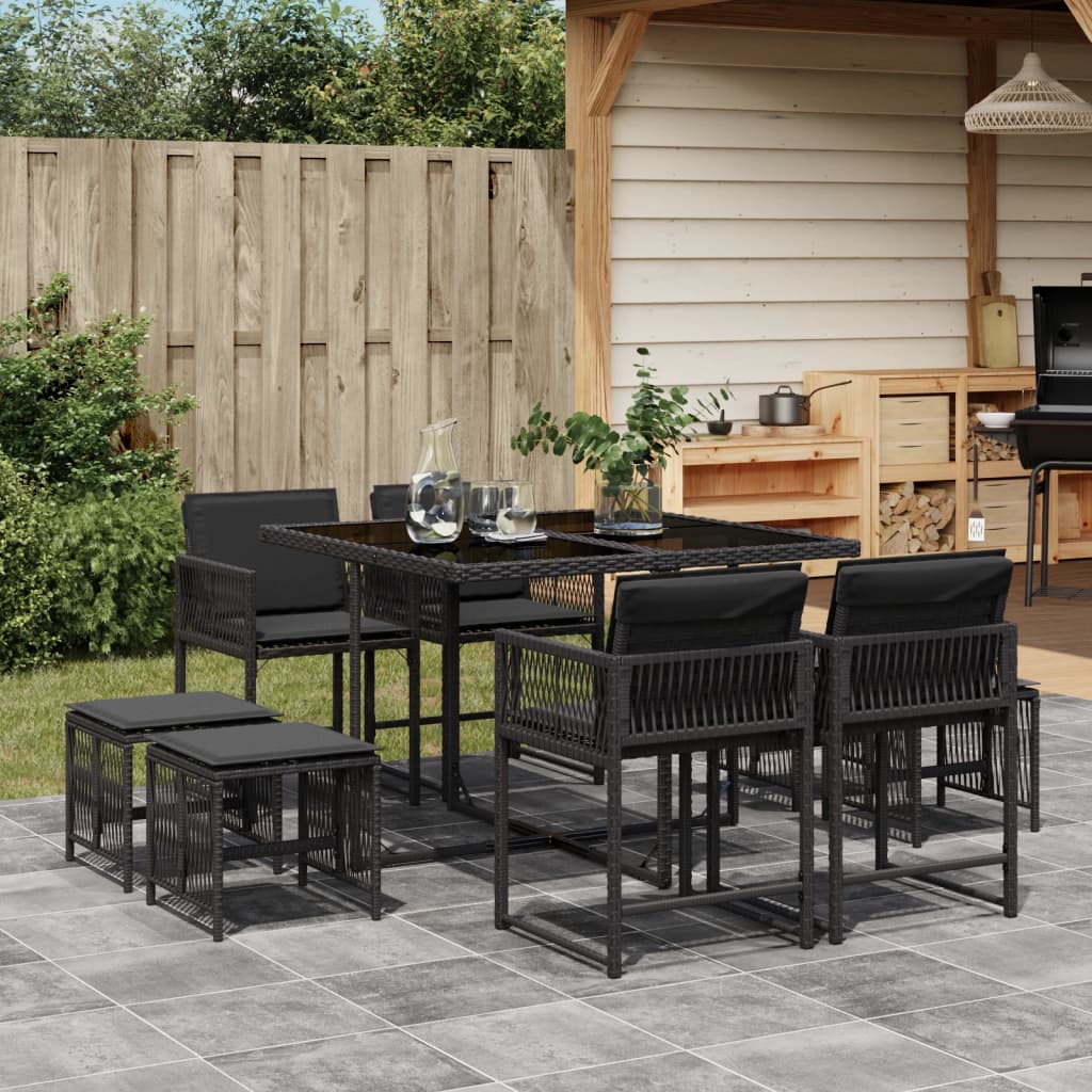 Set da Pranzo da Giardino 9 pz con Cuscini Nero in Polyrattan - homemem39