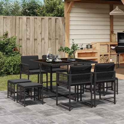 Set da Pranzo da Giardino 9 pz con Cuscini Nero in Polyrattan - homemem39