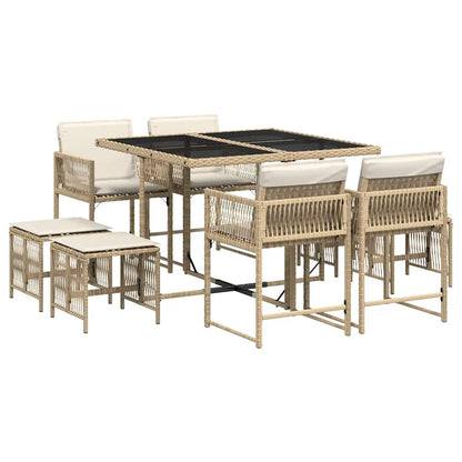 Set da Pranzo da Giardino 9 pz con Cuscini Beige in Polyrattan | homemem39