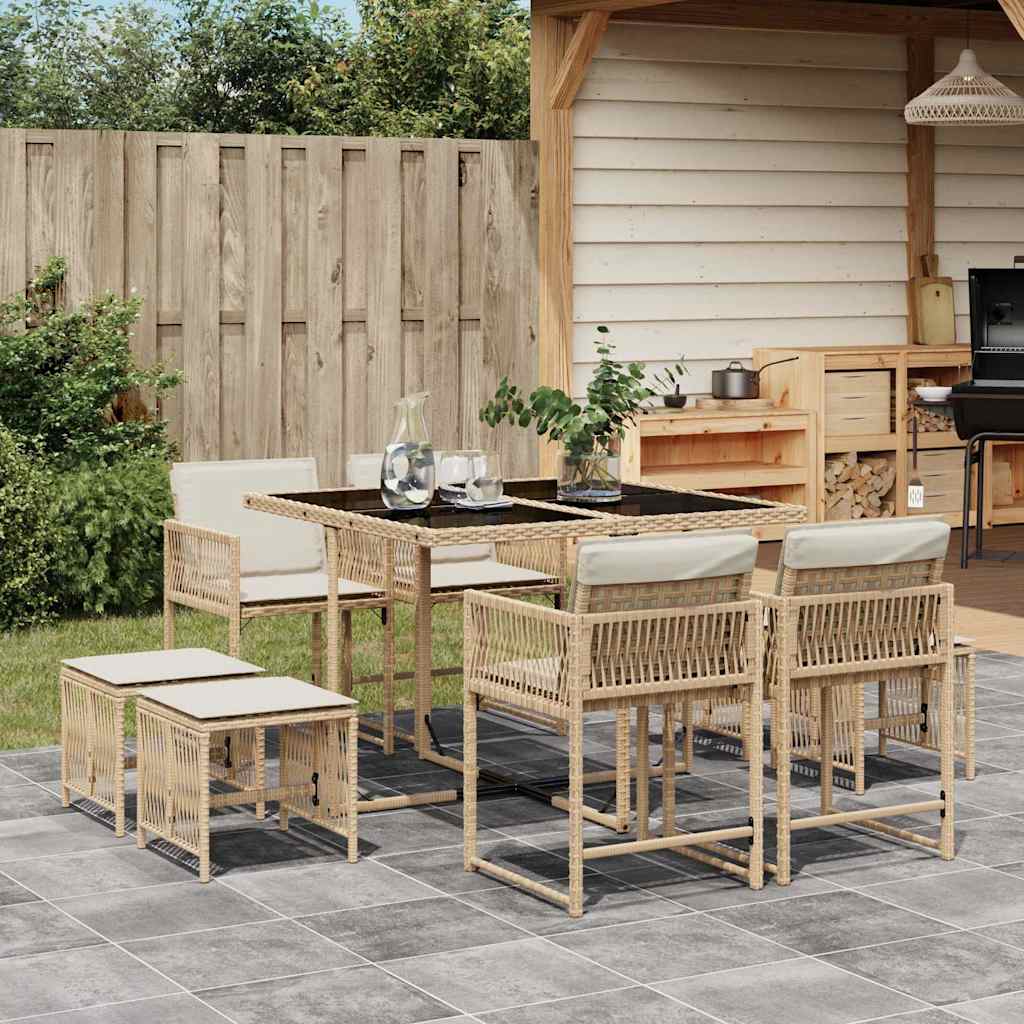 Set da Pranzo da Giardino 9 pz con Cuscini Beige in Polyrattan | homemem39