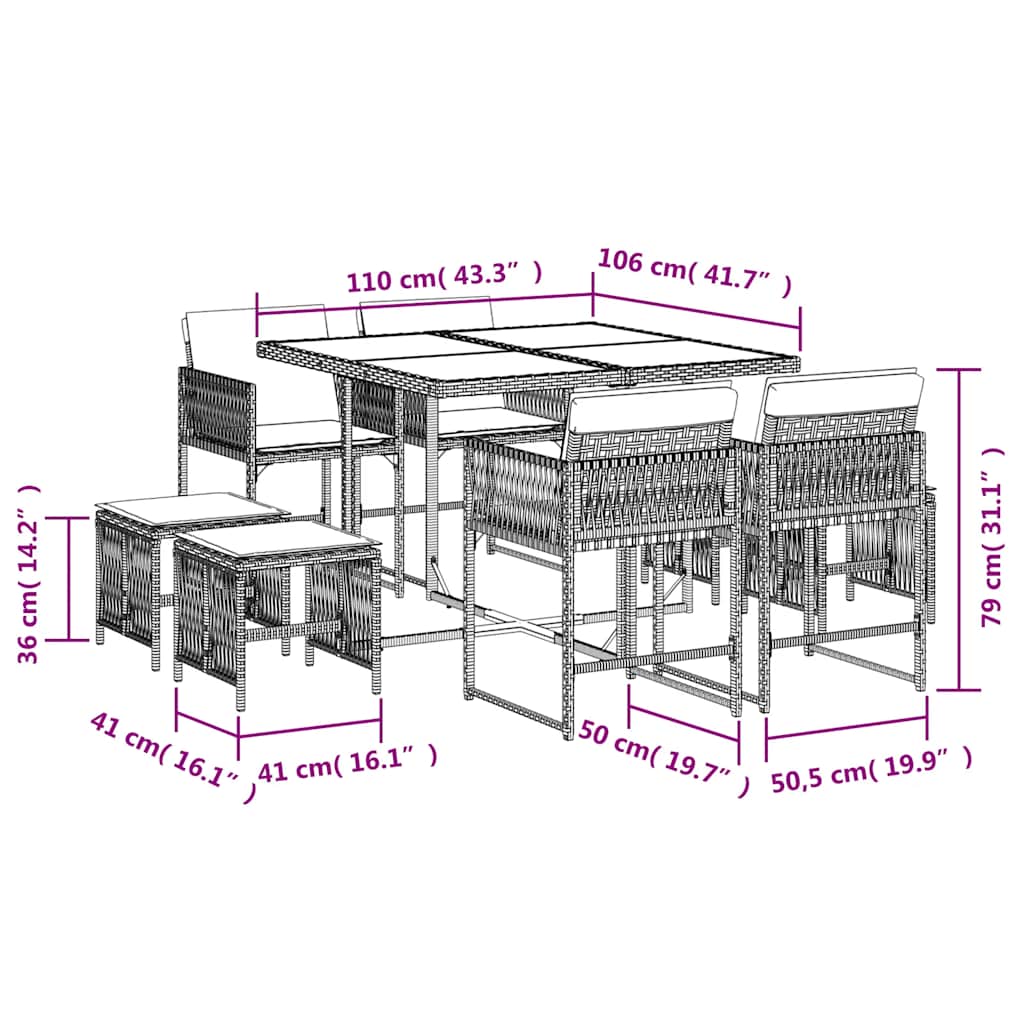 Set Pranzo da Giardino 9pz con Cuscini Grigio Chiaro Polyrattan | homemem39