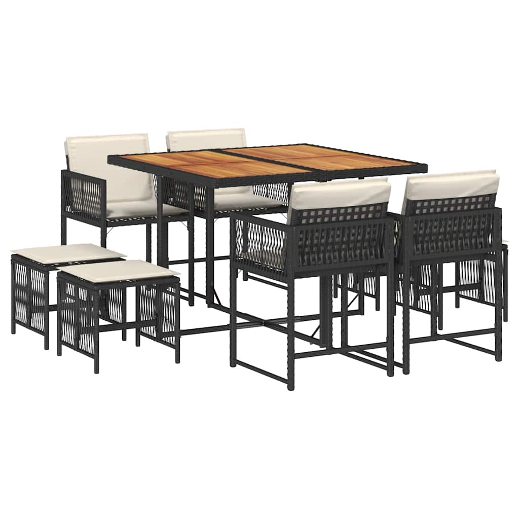 Set da Pranzo da Giardino 9 pz con Cuscini Nero in Polyrattan | homemem39