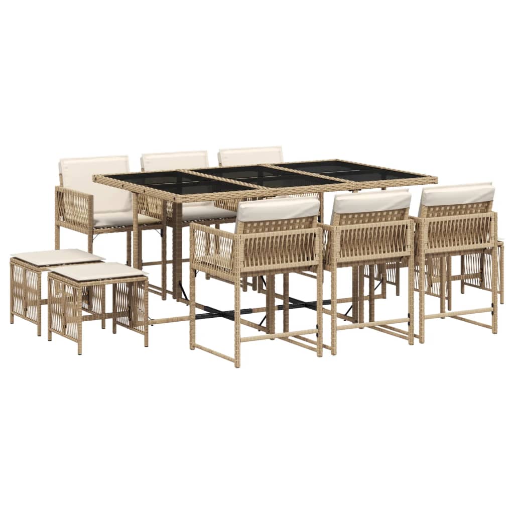 Set da Pranzo da Giardino 11 pz con Cuscini Beige in Polyrattan - homemem39