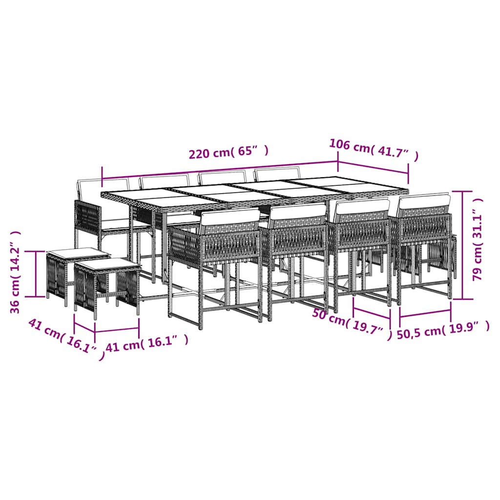 Set da Pranzo da Giardino 13pz con Cuscini Grigio in Polyrattan | homemem39