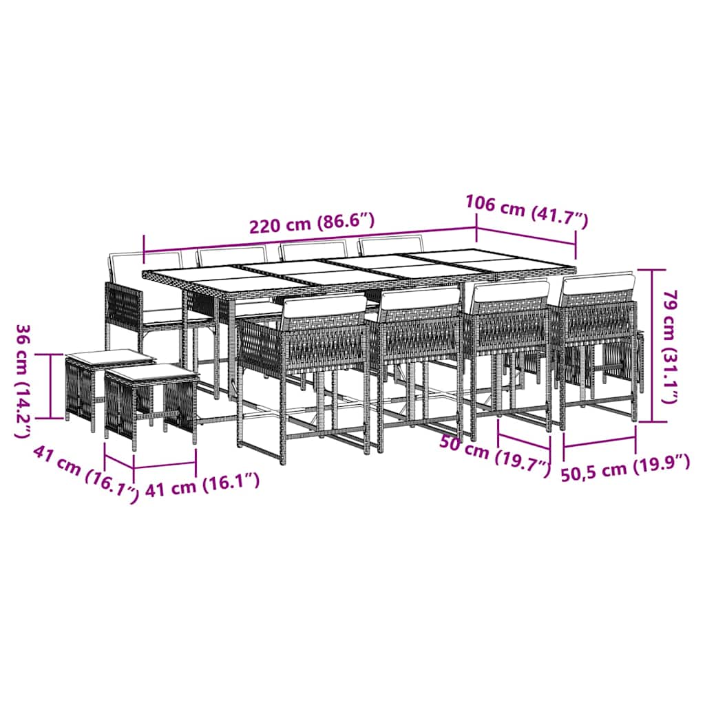 Set da Pranzo da Giardino 13 pz con Cuscini Beige in Polyrattan | homemem39
