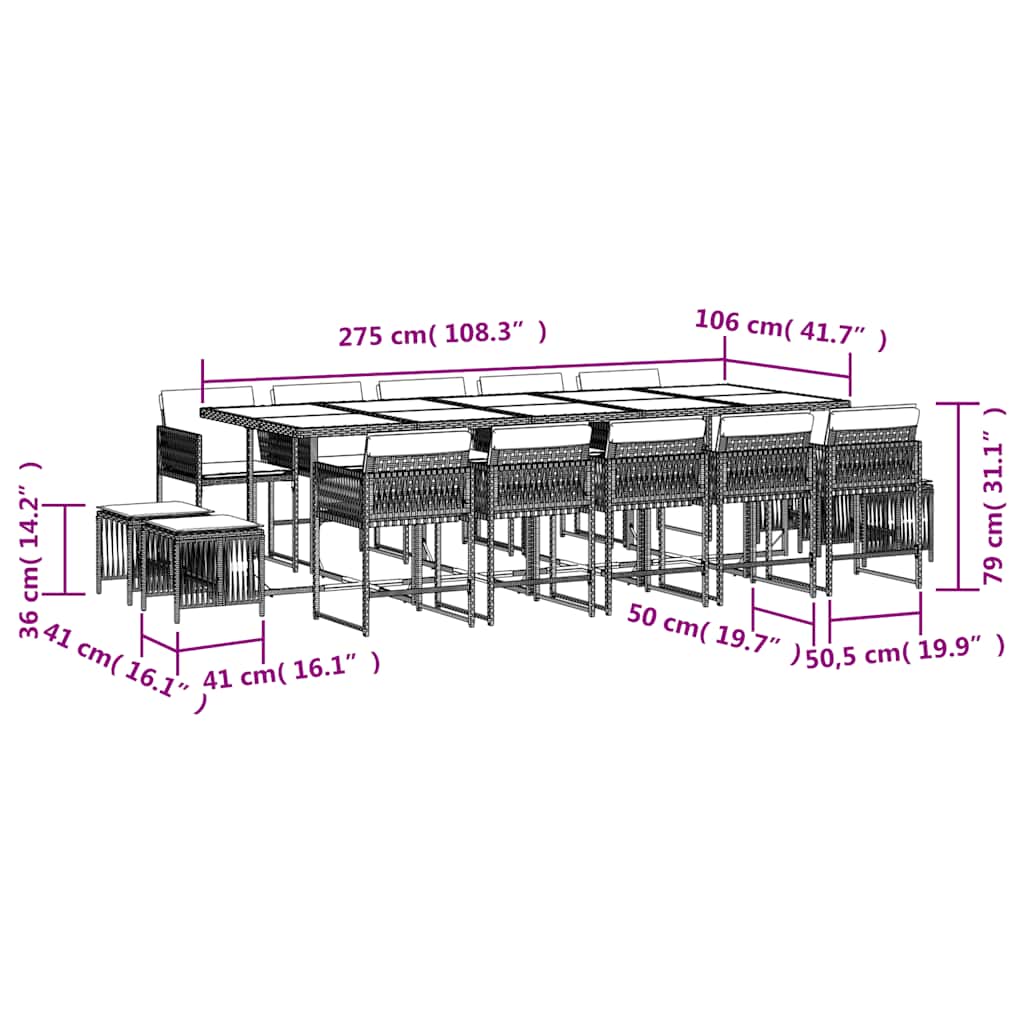 Set da Pranzo da Giardino 15 pz con Cuscini Beige in Polyrattan | homemem39
