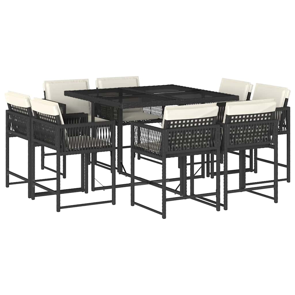 Set da Pranzo da Giardino 9 pz con Cuscini Nero in Polyrattan | homemem39
