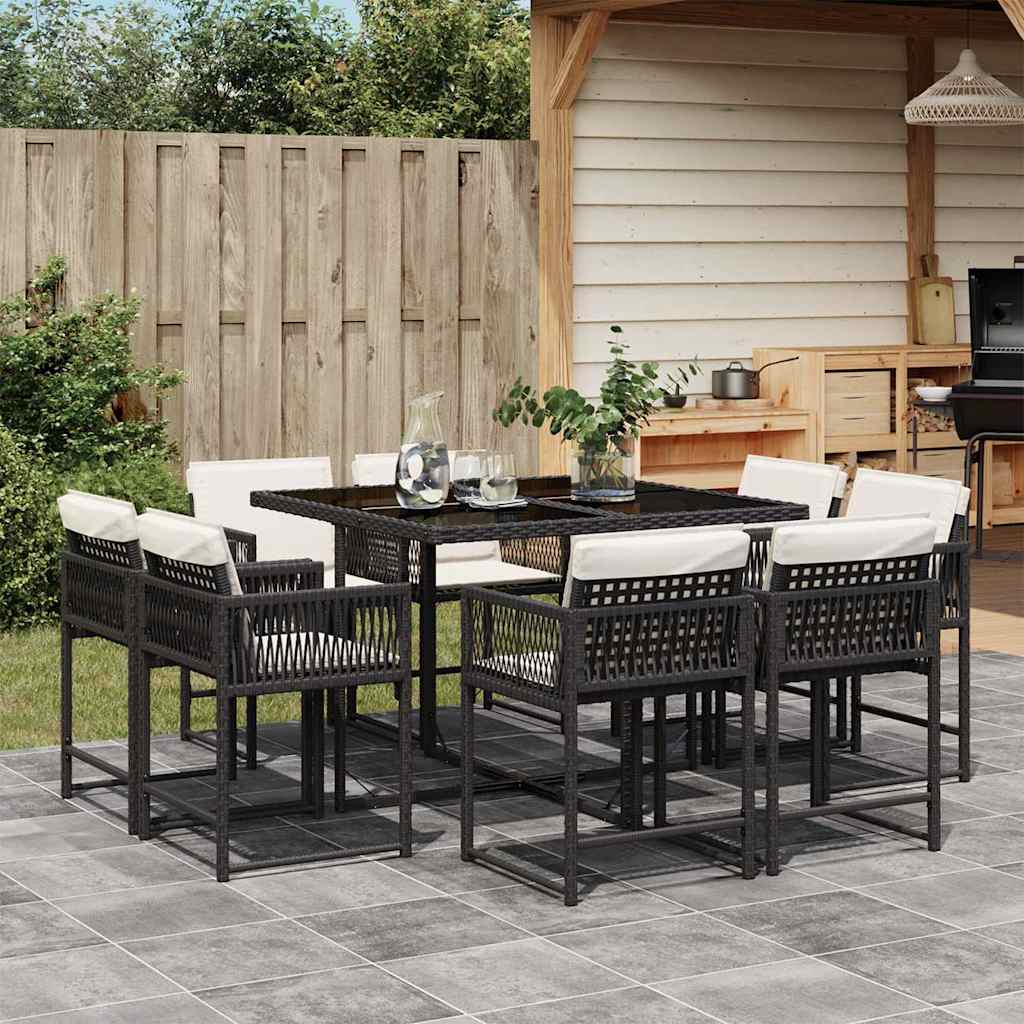 Set da Pranzo da Giardino 9 pz con Cuscini Nero in Polyrattan | homemem39