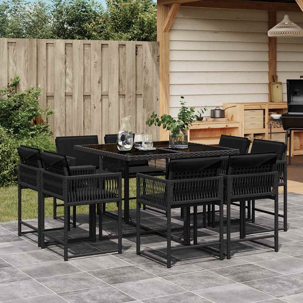 Set da Pranzo da Giardino 9 pz con Cuscini Nero in Polyrattan | homemem39