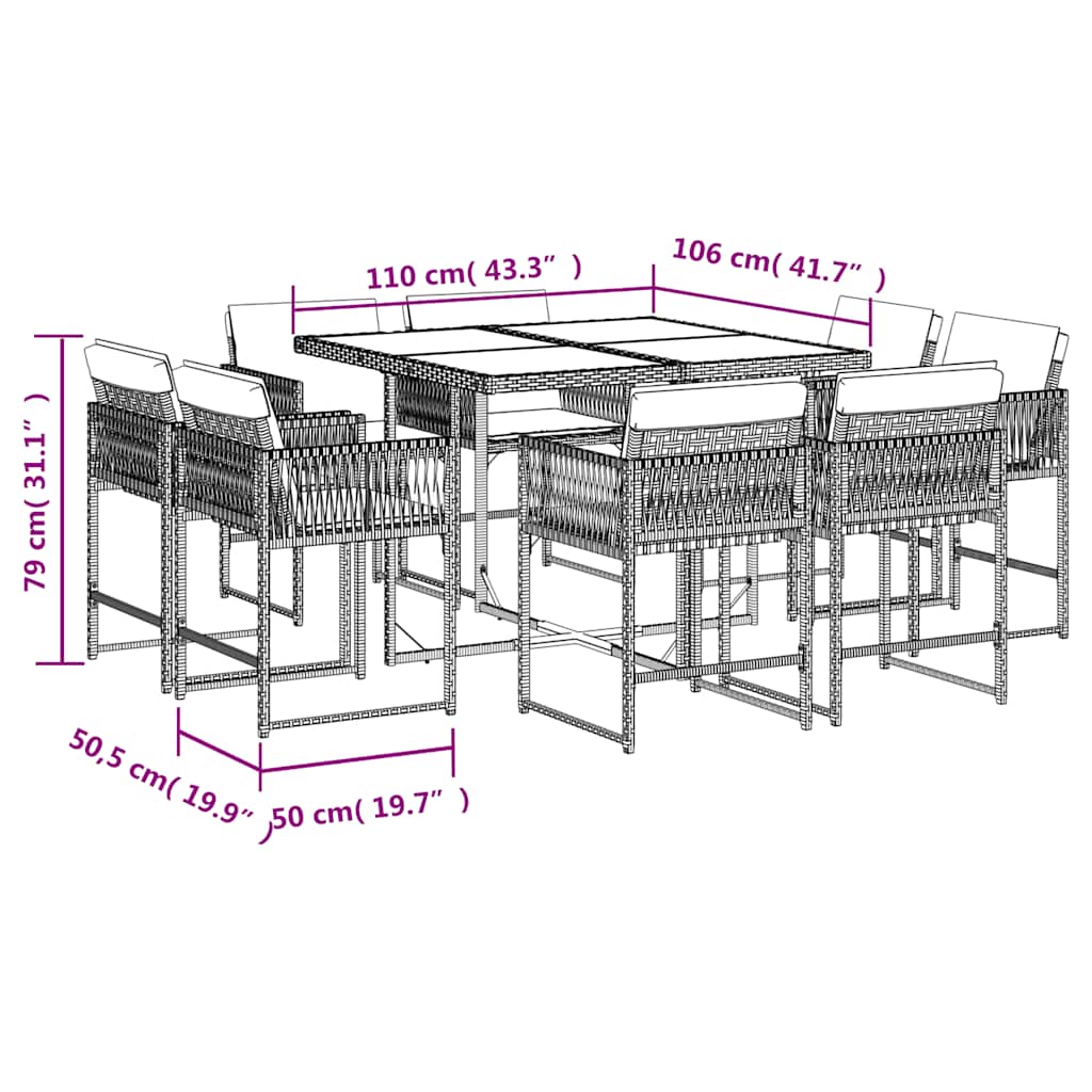 Set da Pranzo da Giardino 9pz con Cuscini Marrone in Polyrattan | homemem39