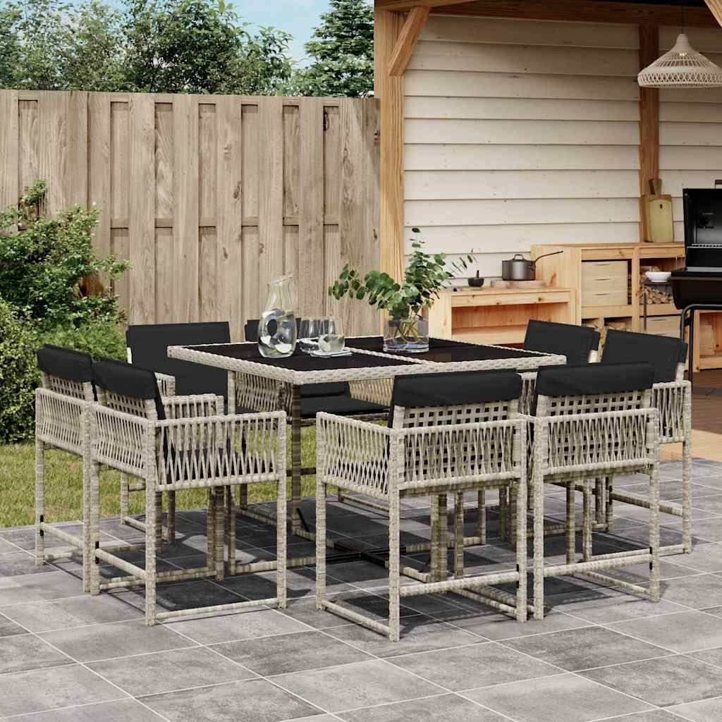 Set Pranzo da Giardino 9pz con Cuscini Grigio Chiaro Polyrattan | homemem39