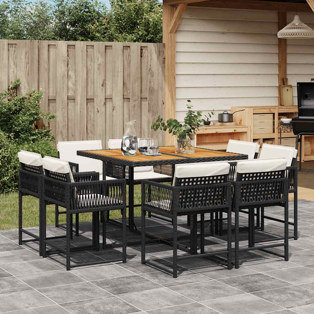 Set da Pranzo da Giardino 9 pz con Cuscini Nero in Polyrattan