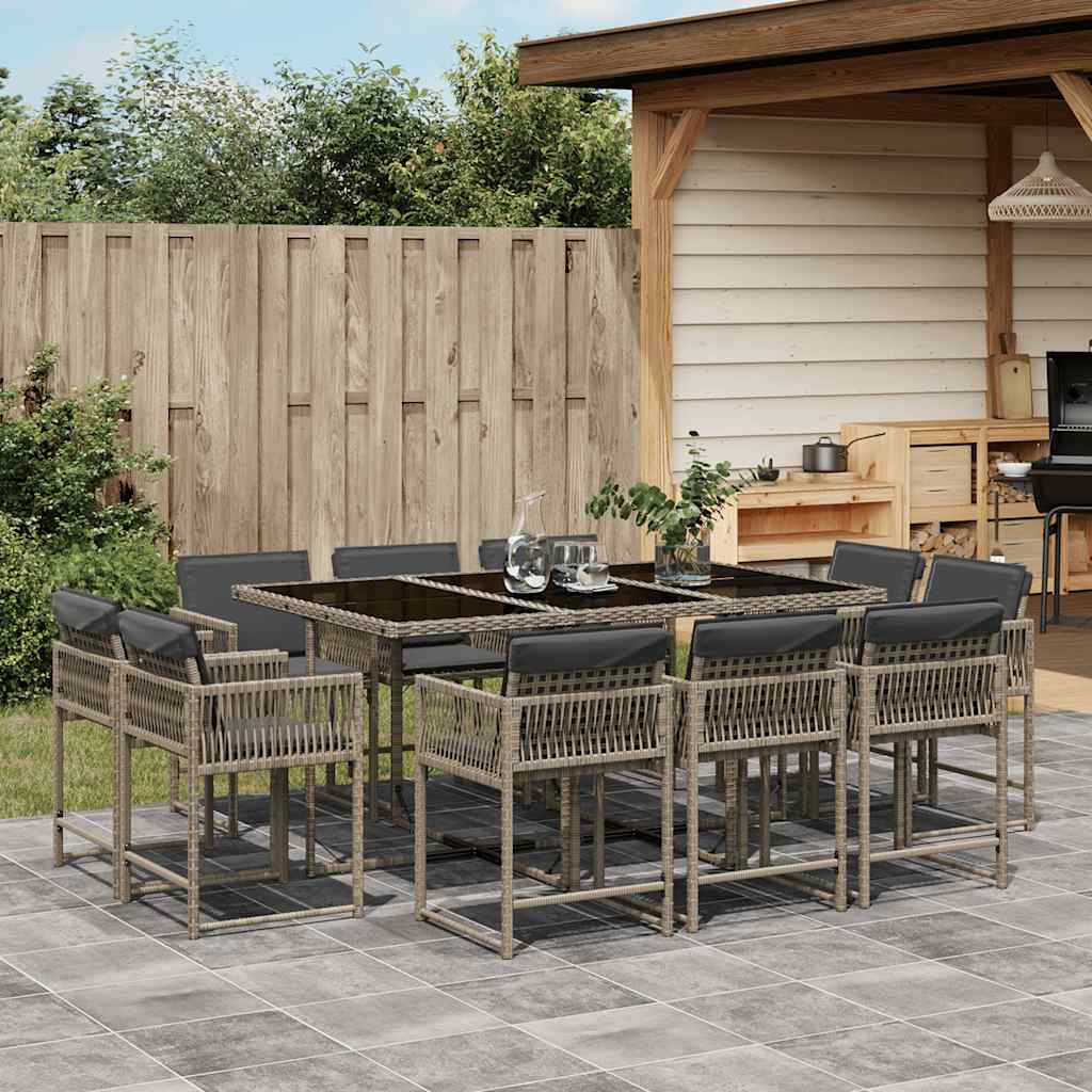 Set da Pranzo da Giardino 11pz con Cuscini in Polyrattan Grigio