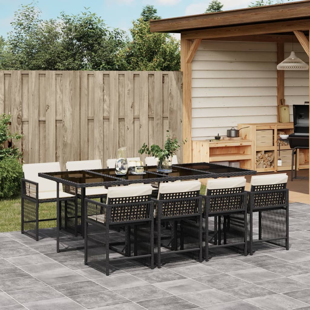 Set da Pranzo da Giardino 9 pz con Cuscini Nero in Polyrattan - homemem39