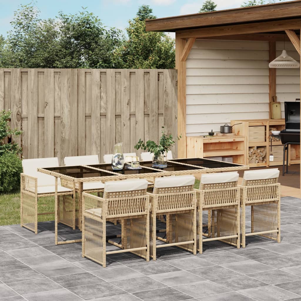 Set da Pranzo da Giardino 9 pz con Cuscini Beige in Polyrattan - homemem39