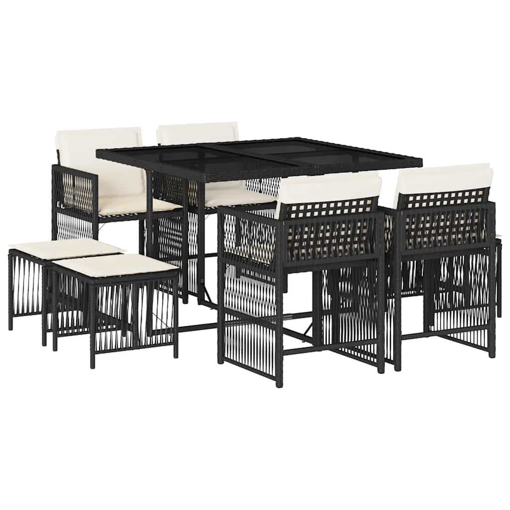 Set da Pranzo da Giardino 9 pz con Cuscini Nero in Polyrattan | homemem39