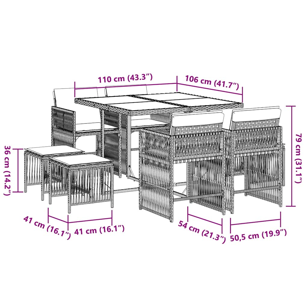 Set da Pranzo da Giardino 9 pz con Cuscini Nero in Polyrattan | homemem39