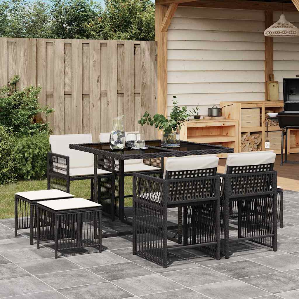 Set da Pranzo da Giardino 9 pz con Cuscini Nero in Polyrattan | homemem39