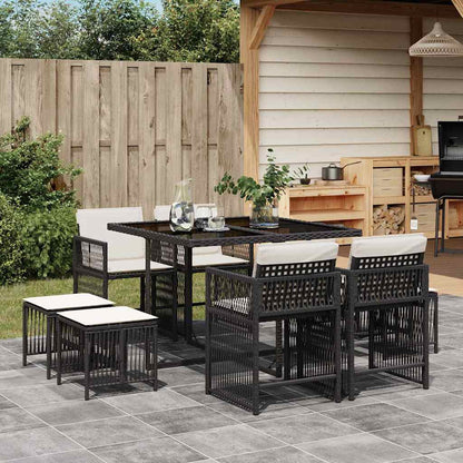 Set da Pranzo da Giardino 9 pz con Cuscini Nero in Polyrattan | homemem39