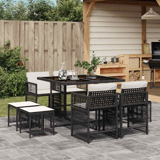 Set da Pranzo da Giardino 9 pz con Cuscini Nero in Polyrattan - homemem39