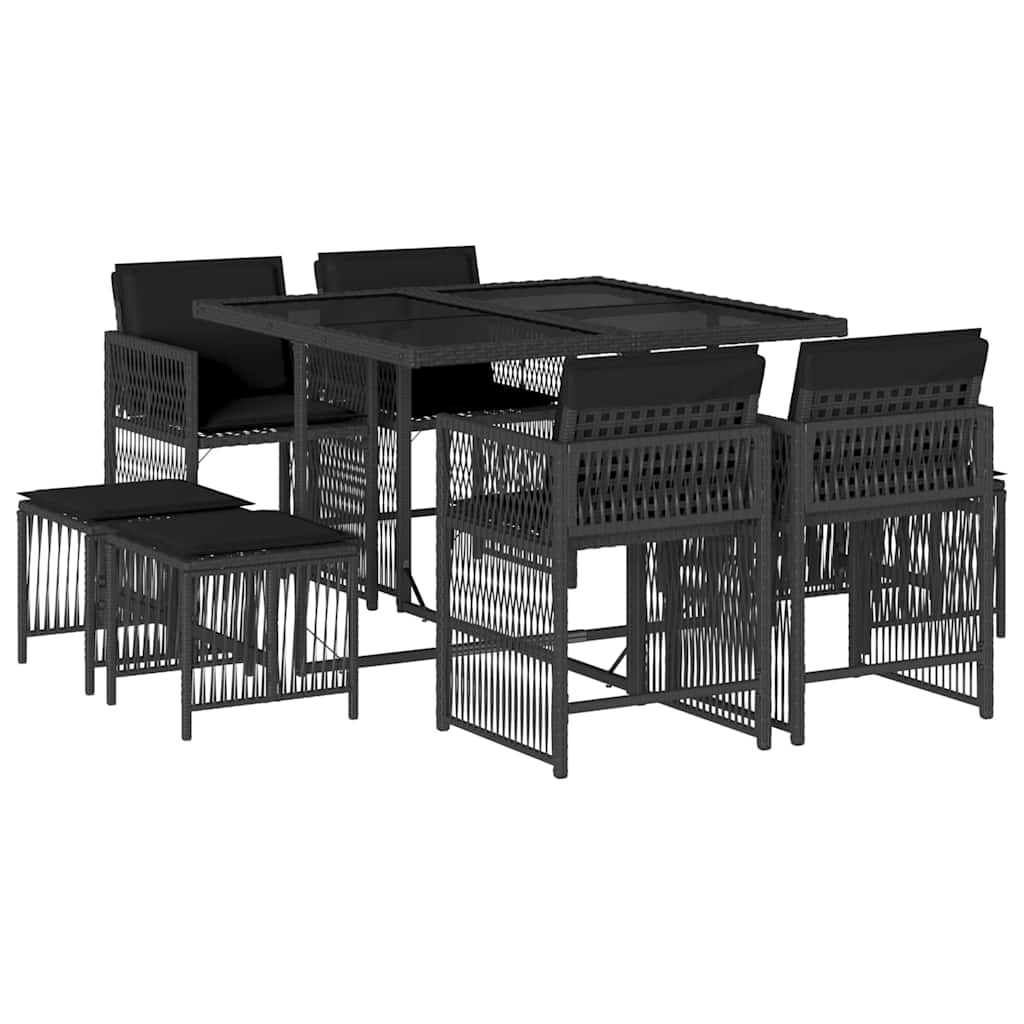 Set da Pranzo da Giardino 9 pz con Cuscini Nero in Polyrattan | homemem39