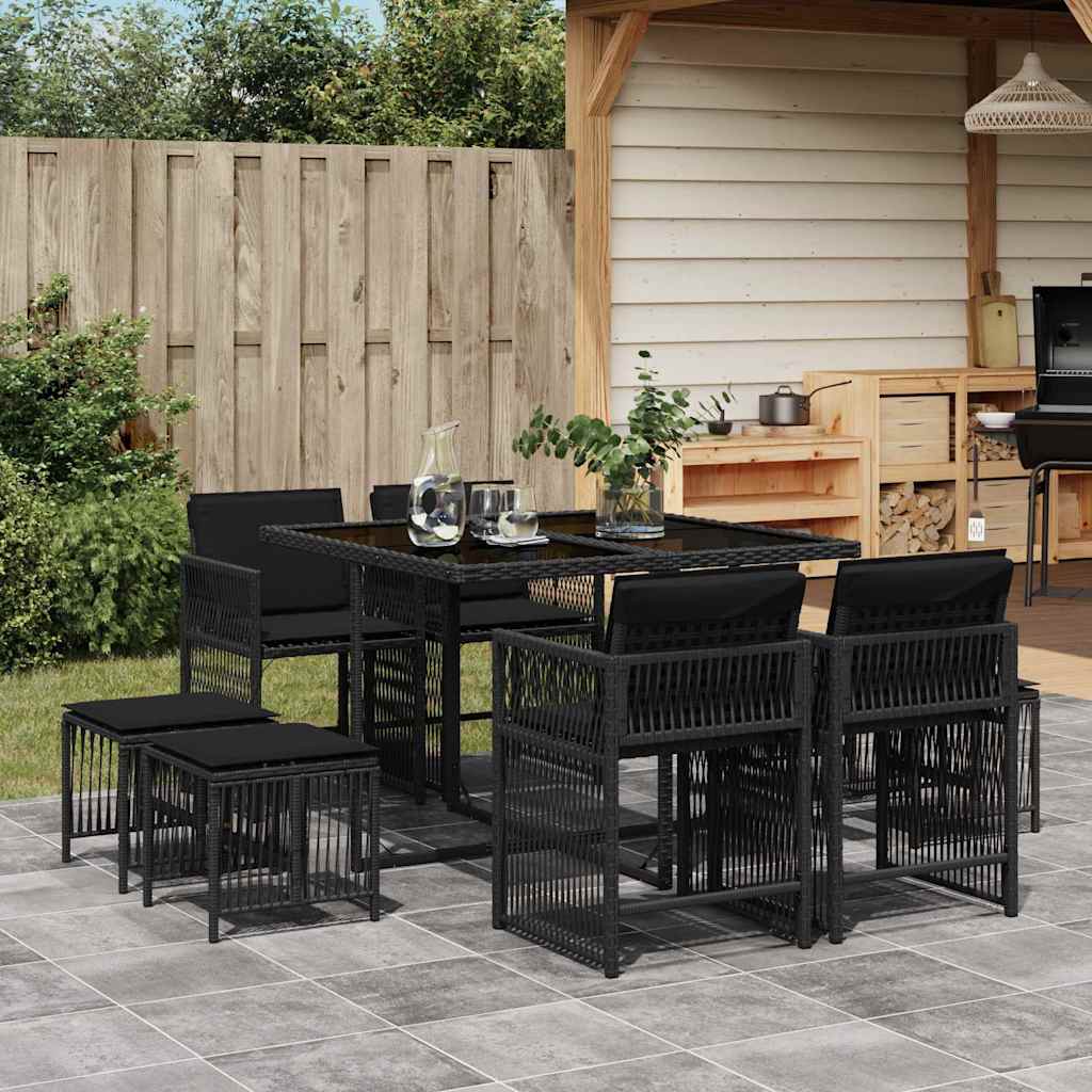 Set da Pranzo da Giardino 9 pz con Cuscini Nero in Polyrattan | homemem39