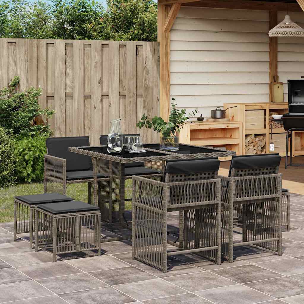 Set da Pranzo da Giardino 9 pz con Cuscini in Polyrattan Grigio | homemem39