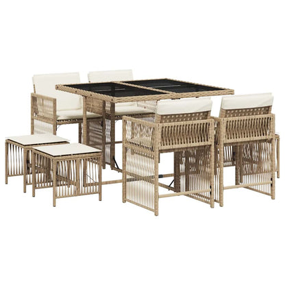 Set da Pranzo da Giardino 9 pz con Cuscini Beige in Polyrattan | homemem39