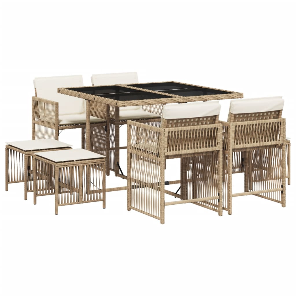Set da Pranzo da Giardino 9 pz con Cuscini Beige in Polyrattan - homemem39