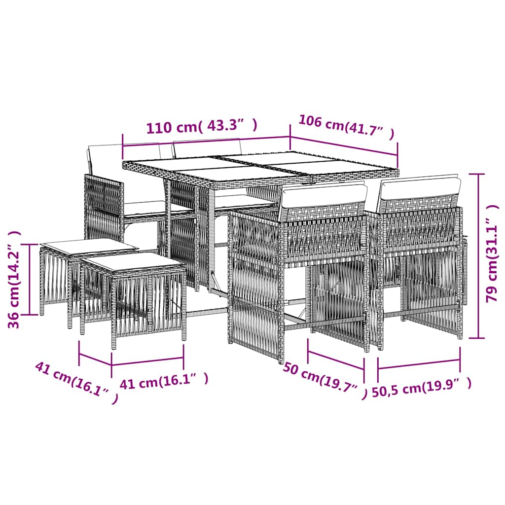 Set da Pranzo da Giardino 9 pz con Cuscini Beige in Polyrattan | homemem39
