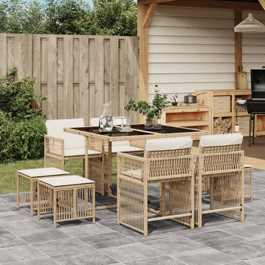 Set da Pranzo da Giardino 9 pz con Cuscini Beige in Polyrattan - homemem39