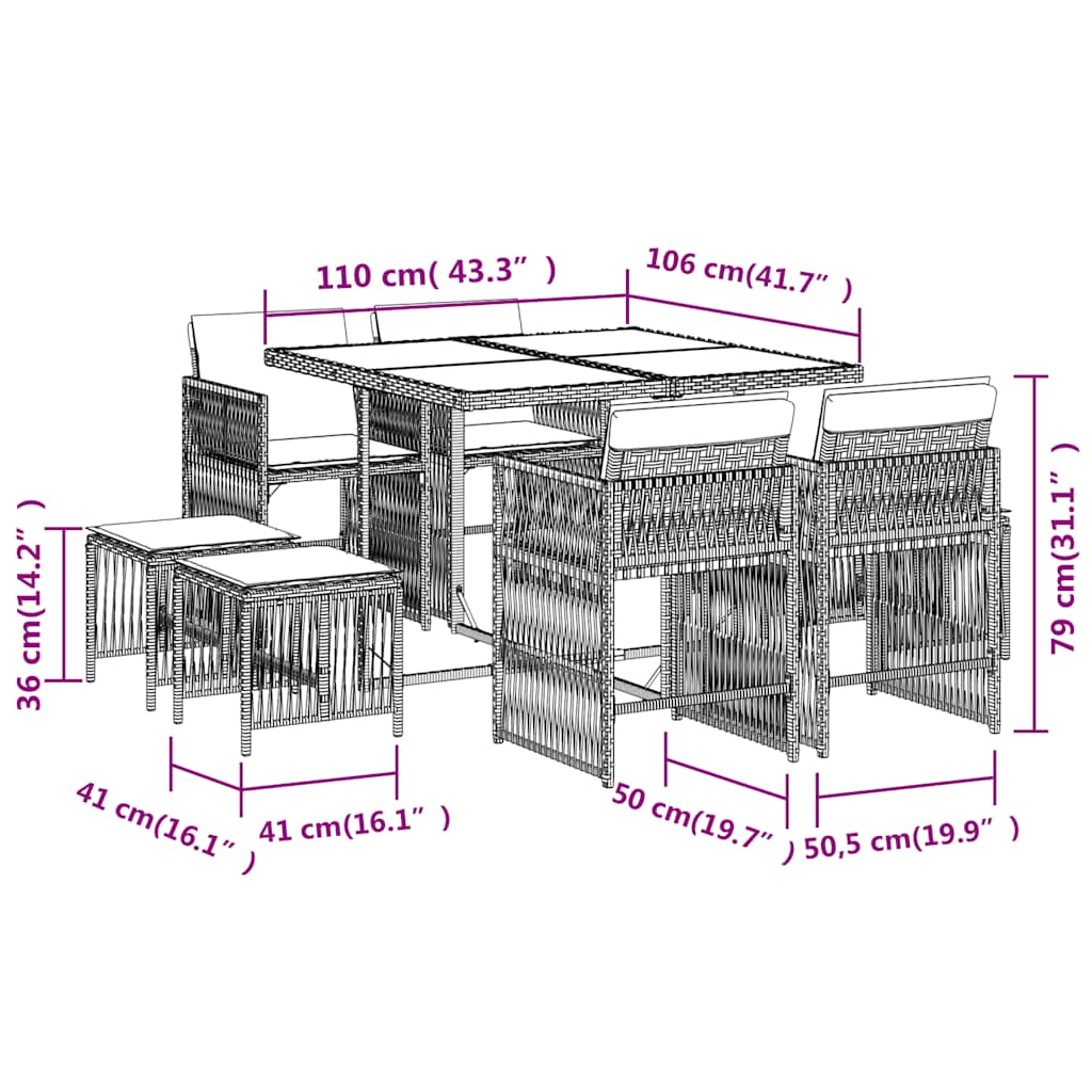 Set Pranzo da Giardino 9pz con Cuscini Grigio Chiaro Polyrattan | homemem39