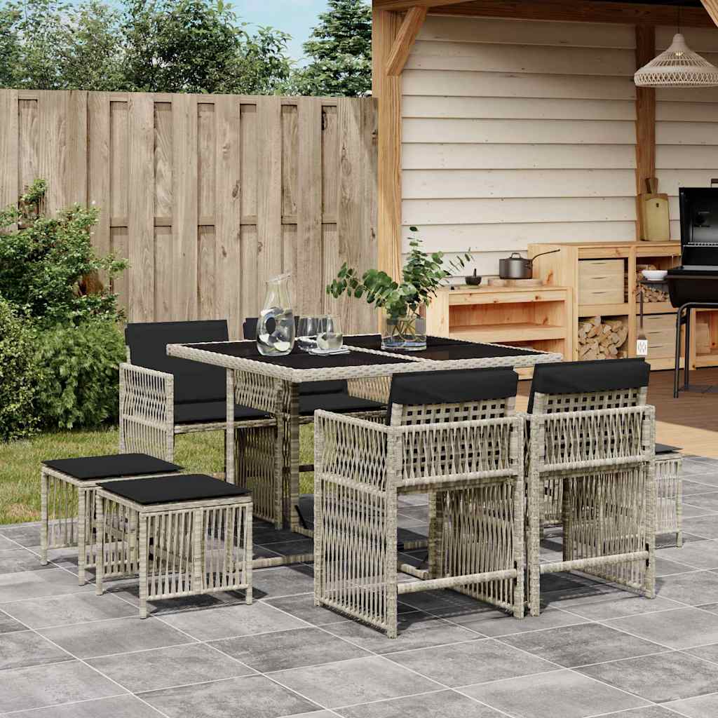 Set Pranzo da Giardino 9pz con Cuscini Grigio Chiaro Polyrattan | homemem39