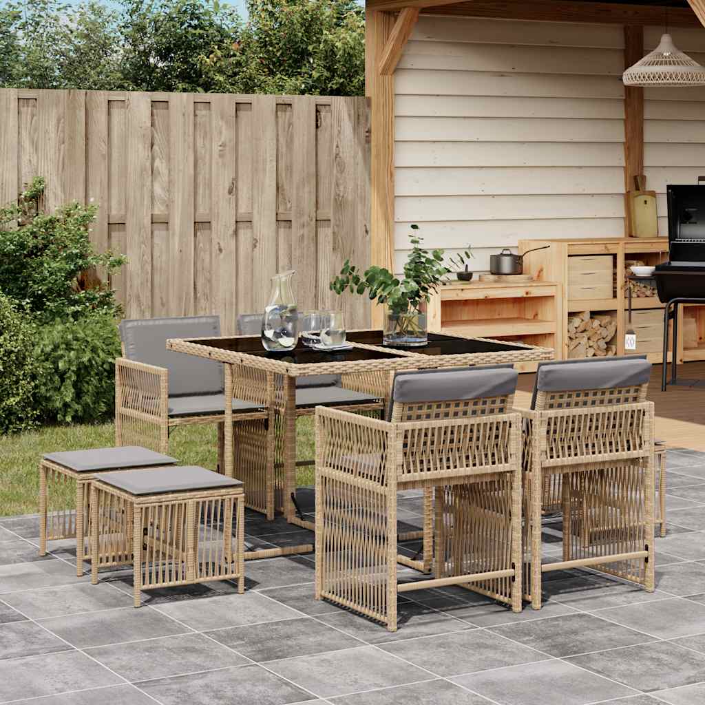 Set Pranzo da Giardino 9 pz con Cuscini Beige Misto Polyrattan - homemem39