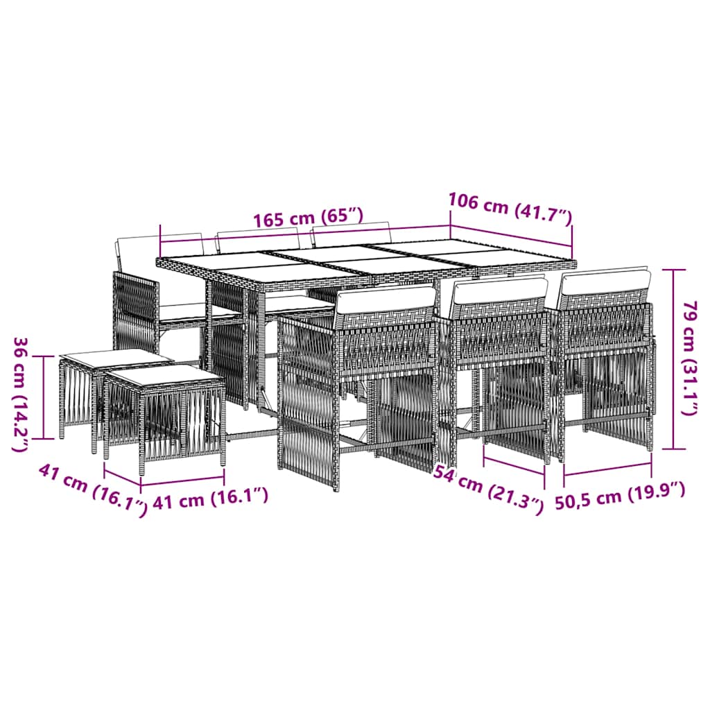 Set da Pranzo da Giardino 11 pz con Cuscini in Polyrattan Nero - homemem39