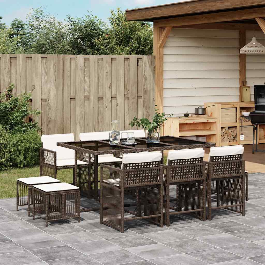 Set da Pranzo da Giardino 11 pz con Cuscini Polyrattan Marrone | homemem39