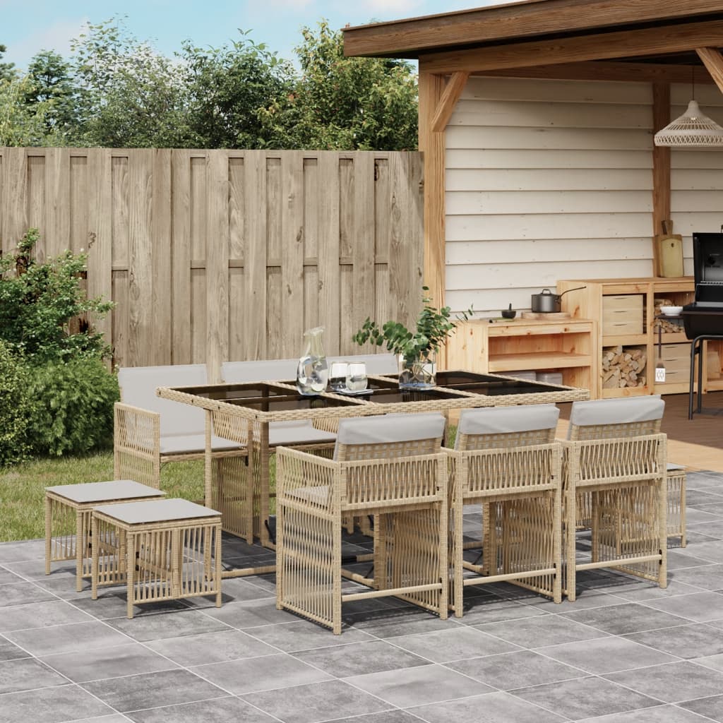 Set da Pranzo da Giardino 11 pz con Cuscini Beige in Polyrattan - homemem39