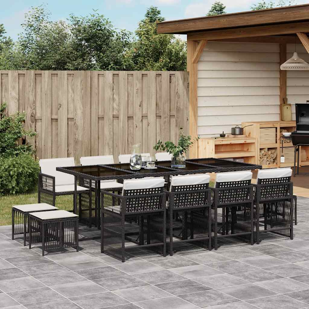 Set da Pranzo da Giardino 13pz con Cuscini Nero in Polyrattan | homemem39