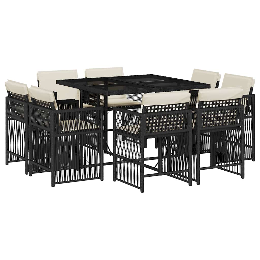 Set da Pranzo da Giardino 9 pz con Cuscini Nero in Polyrattan | homemem39