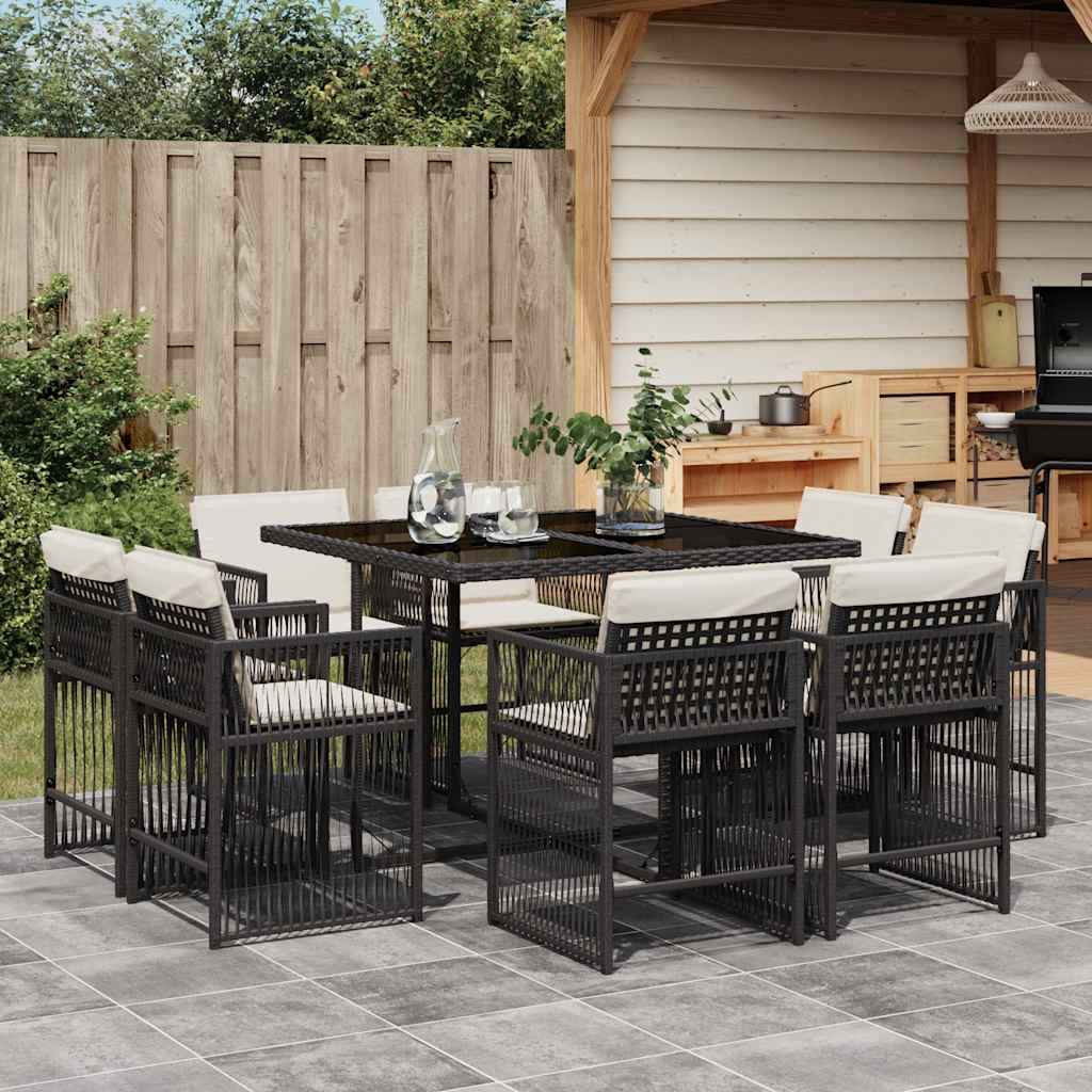 Set da Pranzo da Giardino 9 pz con Cuscini Nero in Polyrattan - homemem39