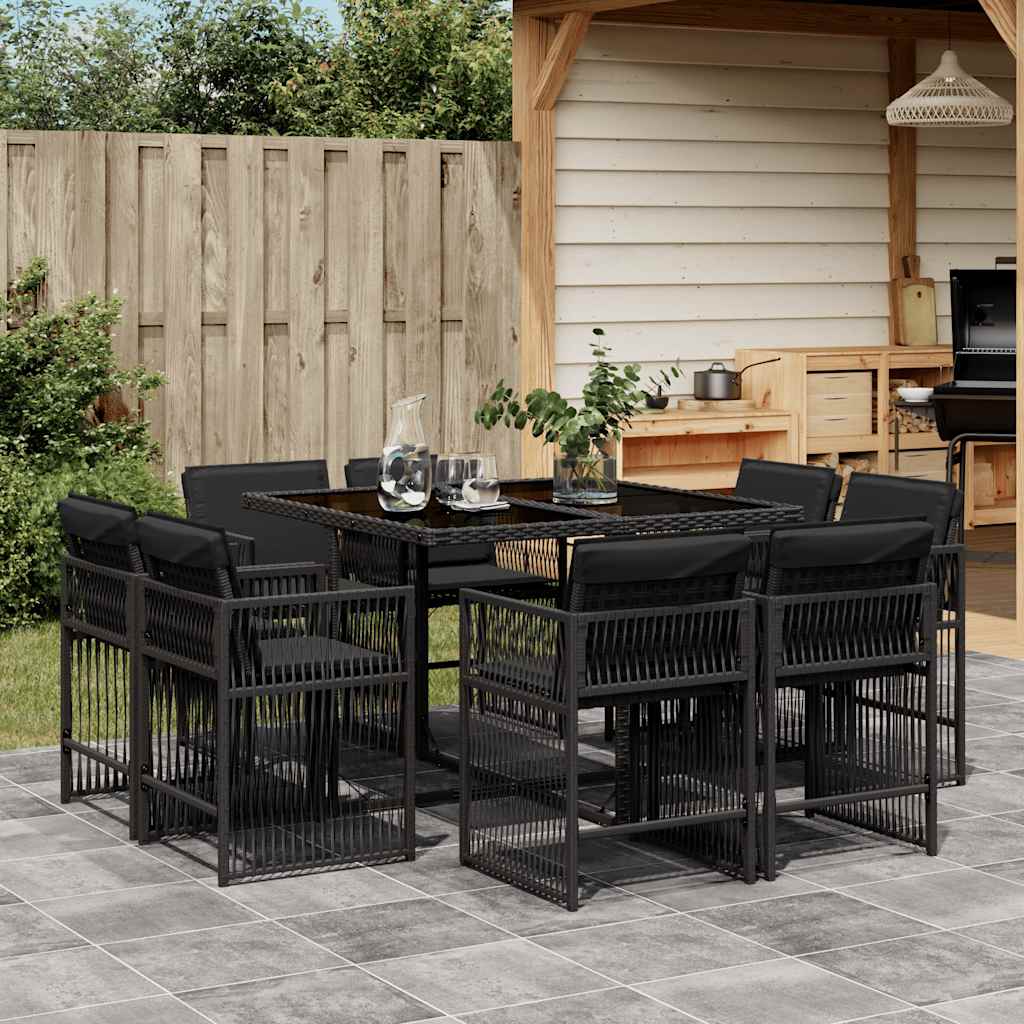 Set da Pranzo da Giardino 9 pz con Cuscini Nero in Polyrattan | homemem39