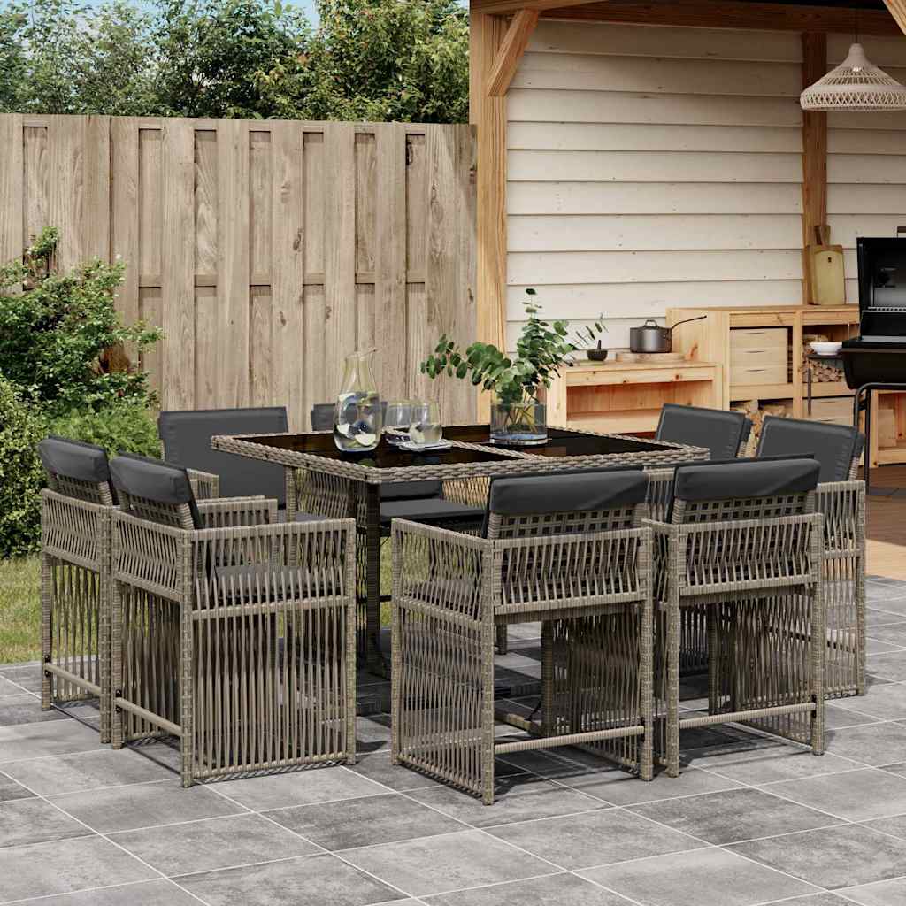 Set da Pranzo da Giardino 9 pz con Cuscini in Polyrattan Grigio - homemem39
