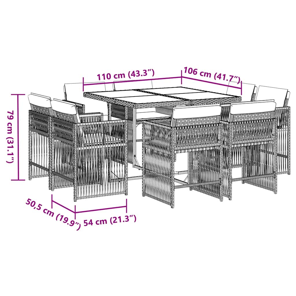 Set da Pranzo da Giardino 9pz con Cuscini Marrone in Polyrattan | homemem39