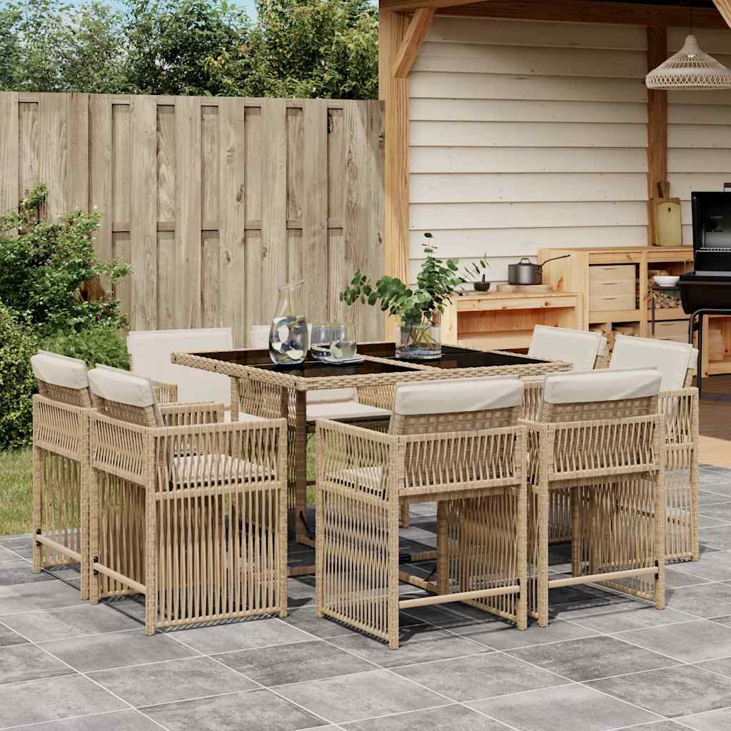 Set da Pranzo da Giardino 9 pz con Cuscini Beige in Polyrattan | homemem39