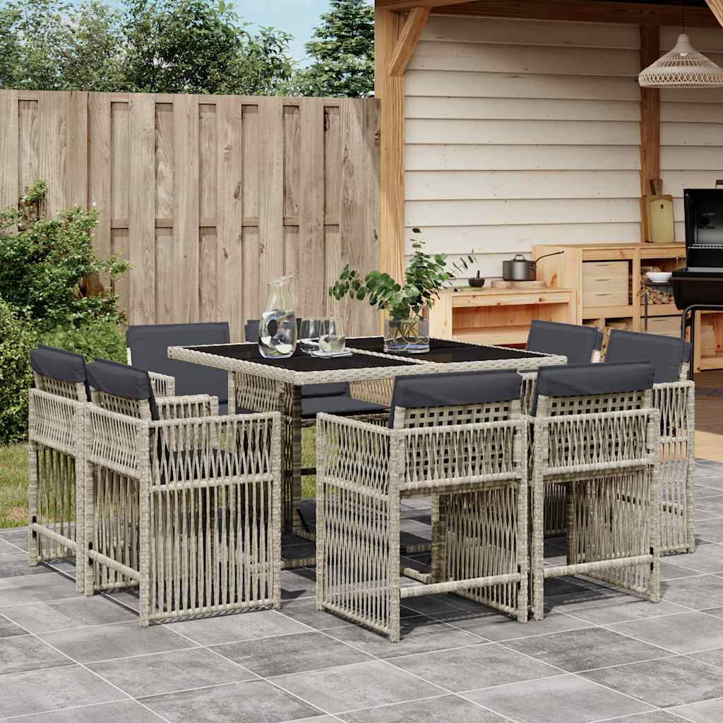 Set Pranzo da Giardino 9pz con Cuscini Grigio Chiaro Polyrattan | homemem39