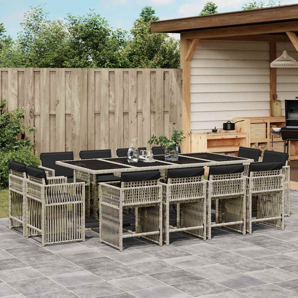 Set da Pranzo da Giardino 13pz con Cuscini Grigio in Polyrattan