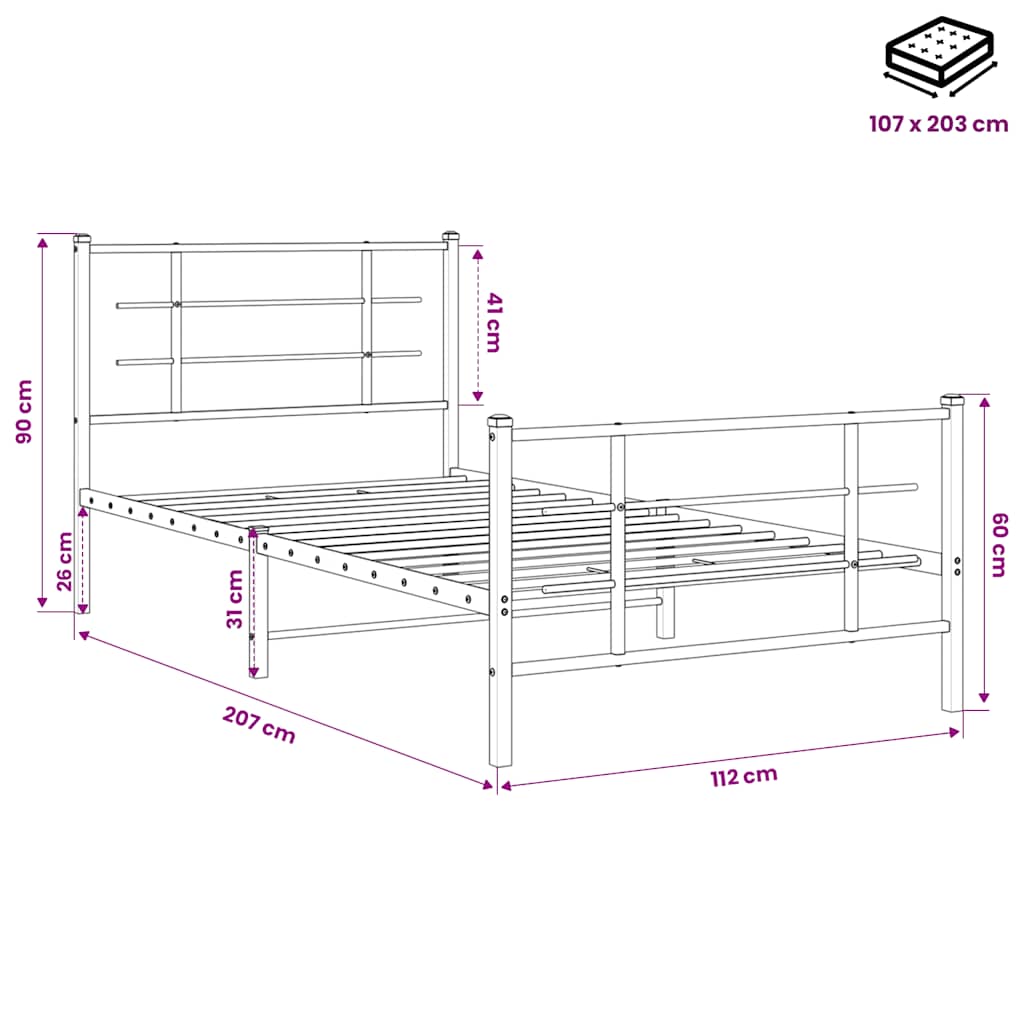 Giroletto con Testiera e Pediera Metallo Nero 107x203 cm | homemem39