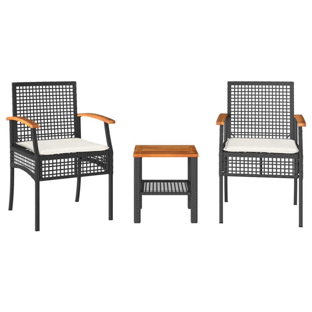 Set da Bistrò 3 pz con Cuscini Nero Polyrattan e Legno Acacia - homemem39