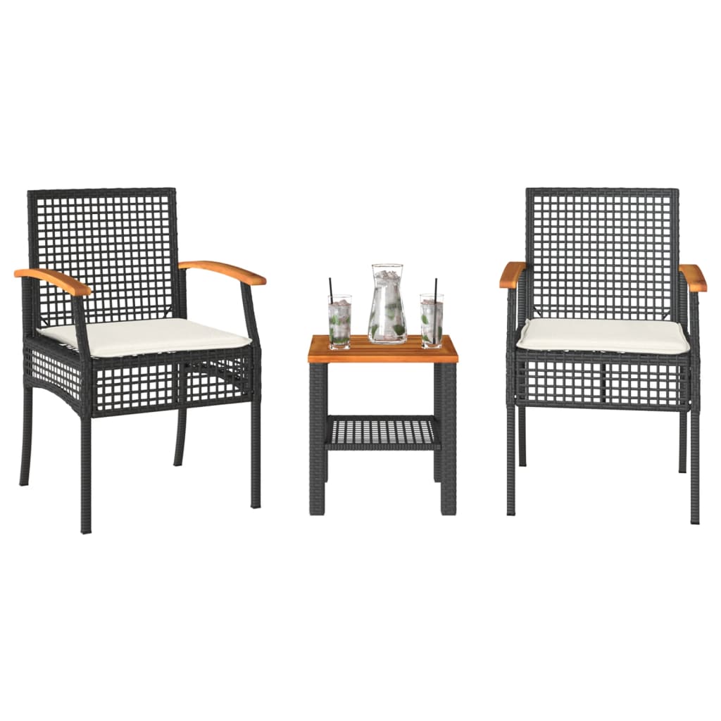 Set da Bistrò 3 pz con Cuscini Nero Polyrattan e Legno Acacia - homemem39