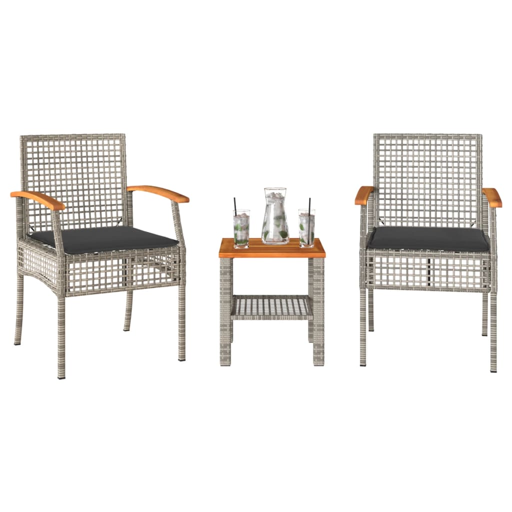 Set da Bistrò 3 pz con Cuscini Grigio Polyrattan e Legno Acacia | homemem39